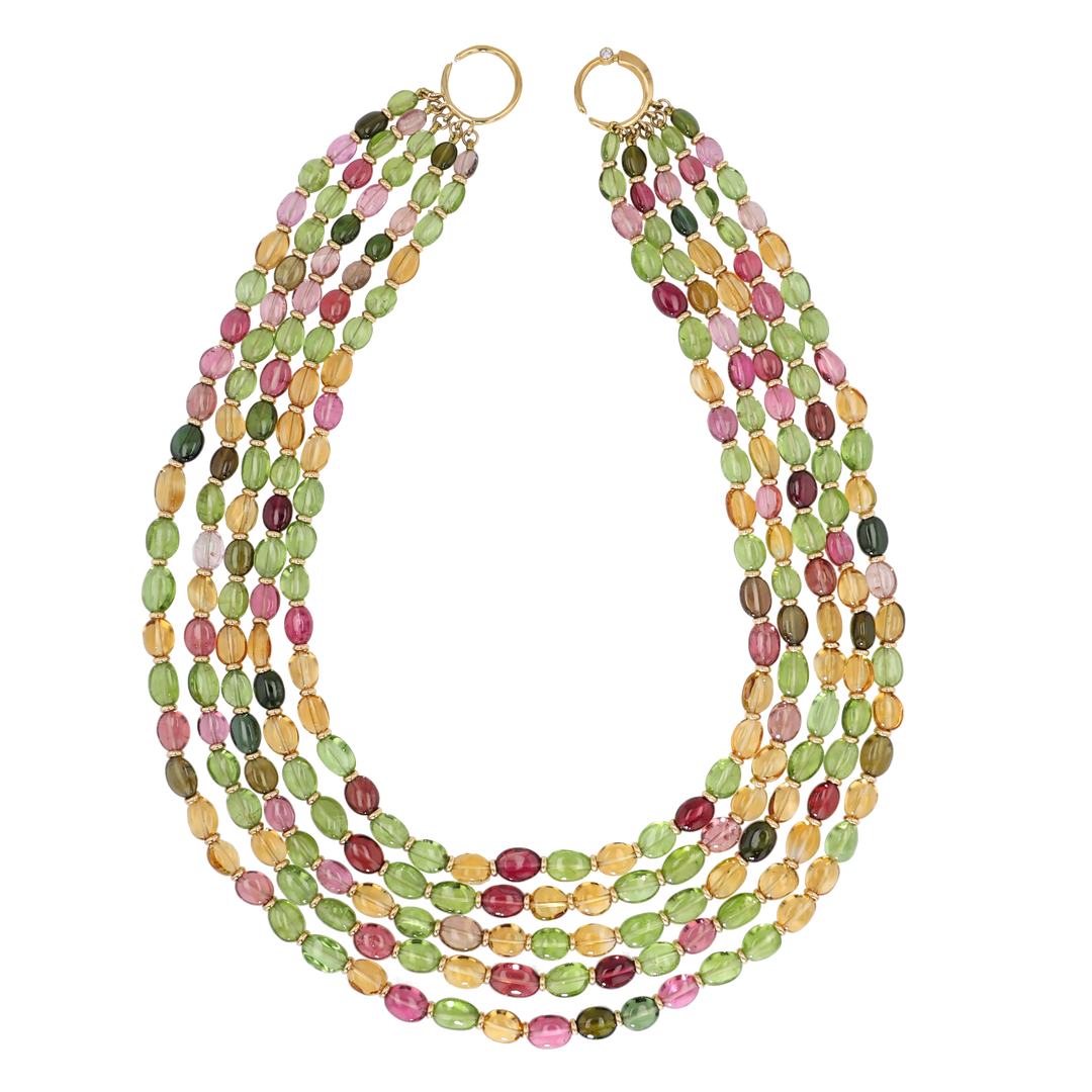 18K Yellow Gold 5 Strand Mini Peridot, Tourmaline and Citrine Necklace