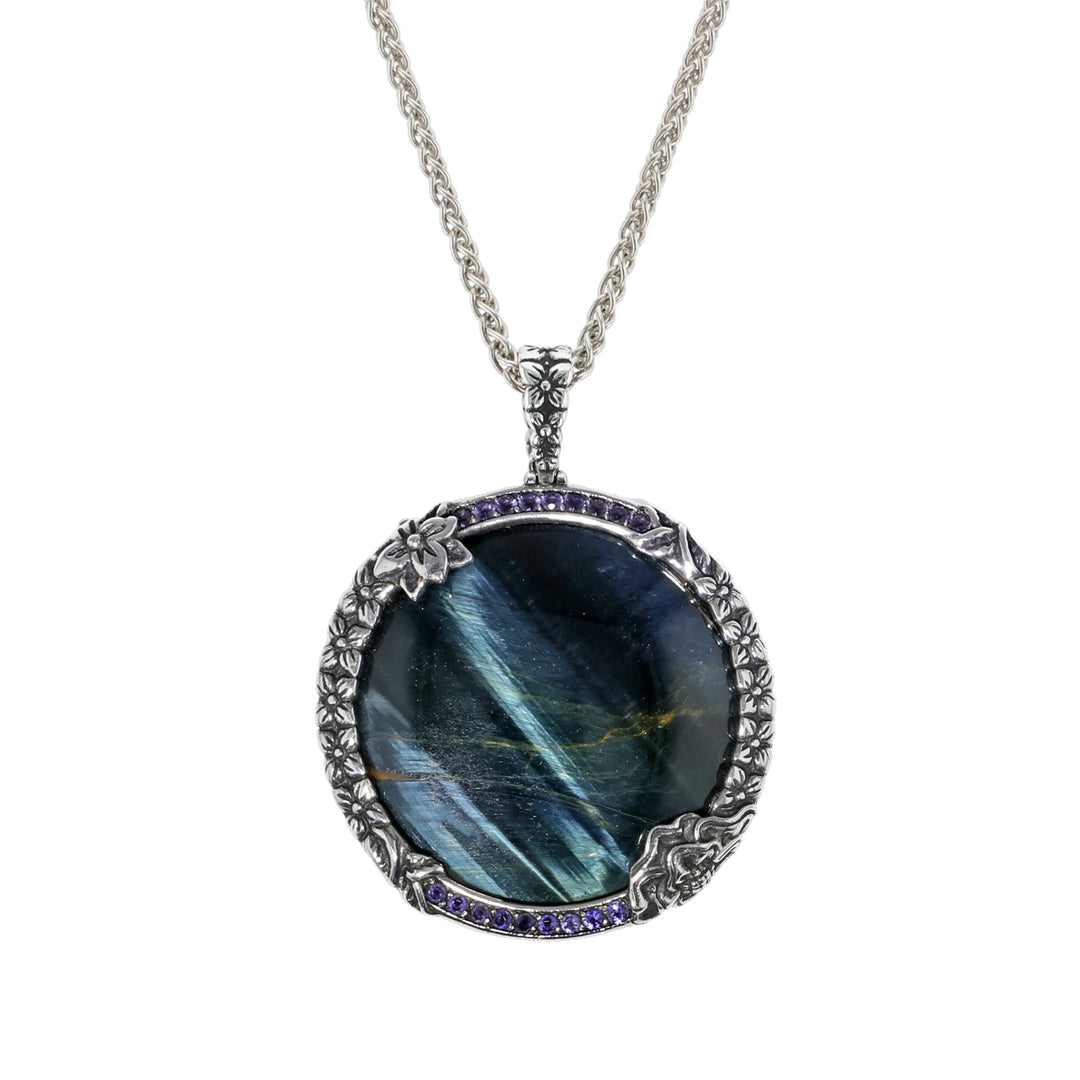 Sterling Silver Blue Tiger Eye and Sapphire Necklace