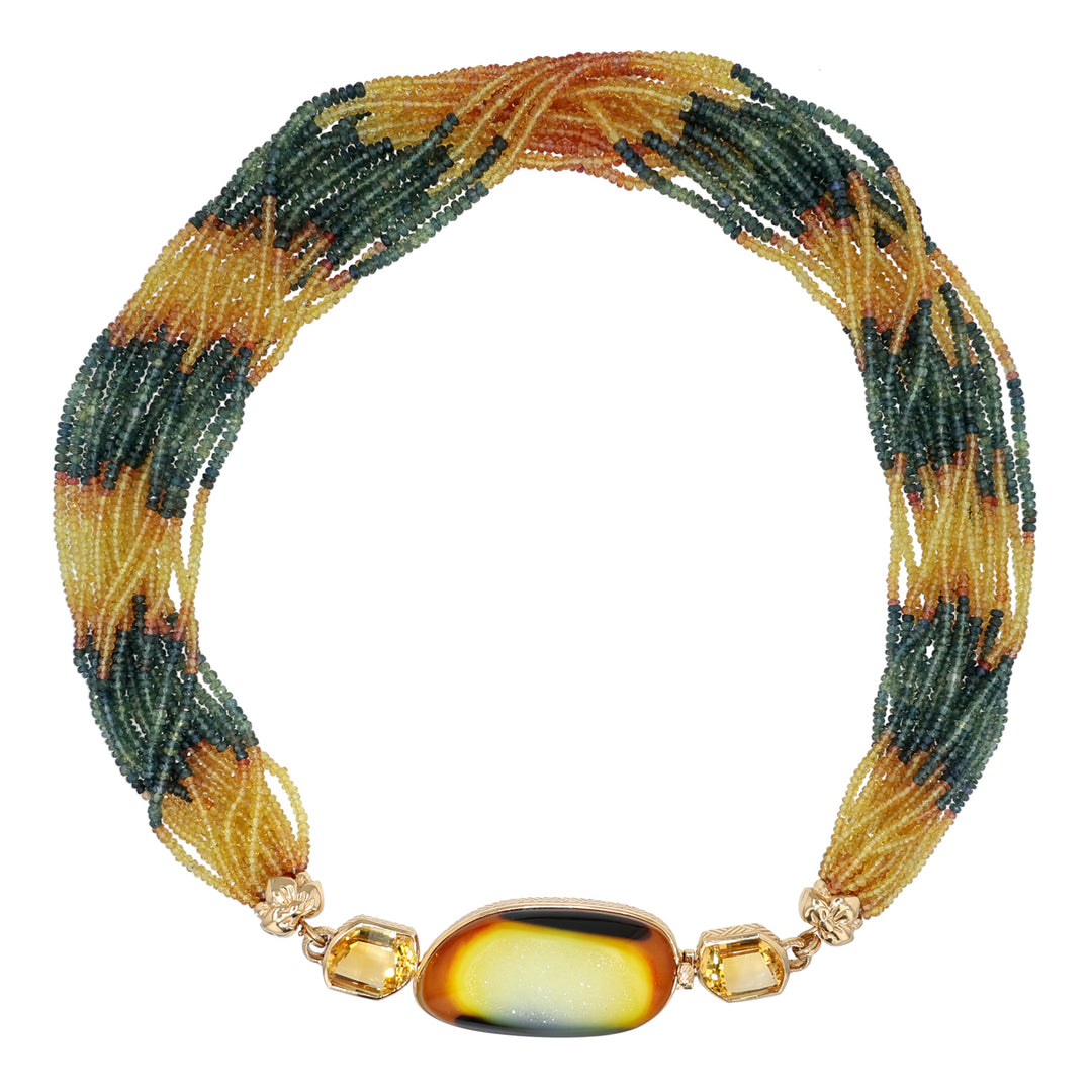 18K Yellow Gold Druzy, Sapphire and Citrine Necklace