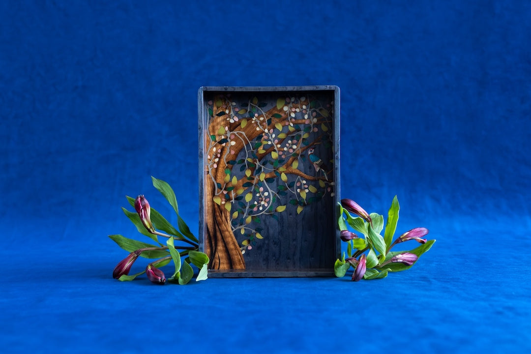 Marquetry Tray with Flowers & Bird Pattern by Silvia Furmanovich.