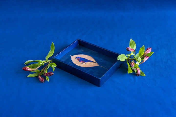 Marquetry Blue Tray with Leaf & Embroidered Bird by Silvia Furmanovich