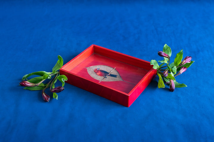Marquetry Red Tray with Leaf and Embroidered Bird by Silvia Furmanovich