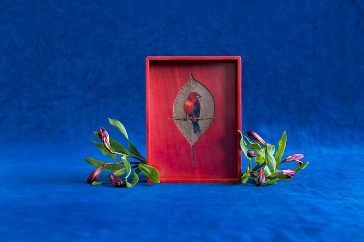 Marquetry Red Tray with Leaf and Embroidered Bird by Silvia Furmanovich