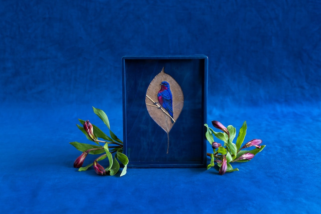 Marquetry Blue Tray with Leaf & Embroidered Bird by Silvia Furmanovich