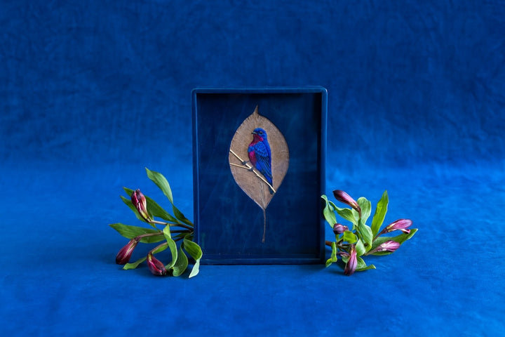 Marquetry Blue Tray with Leaf & Embroidered Bird by Silvia Furmanovich