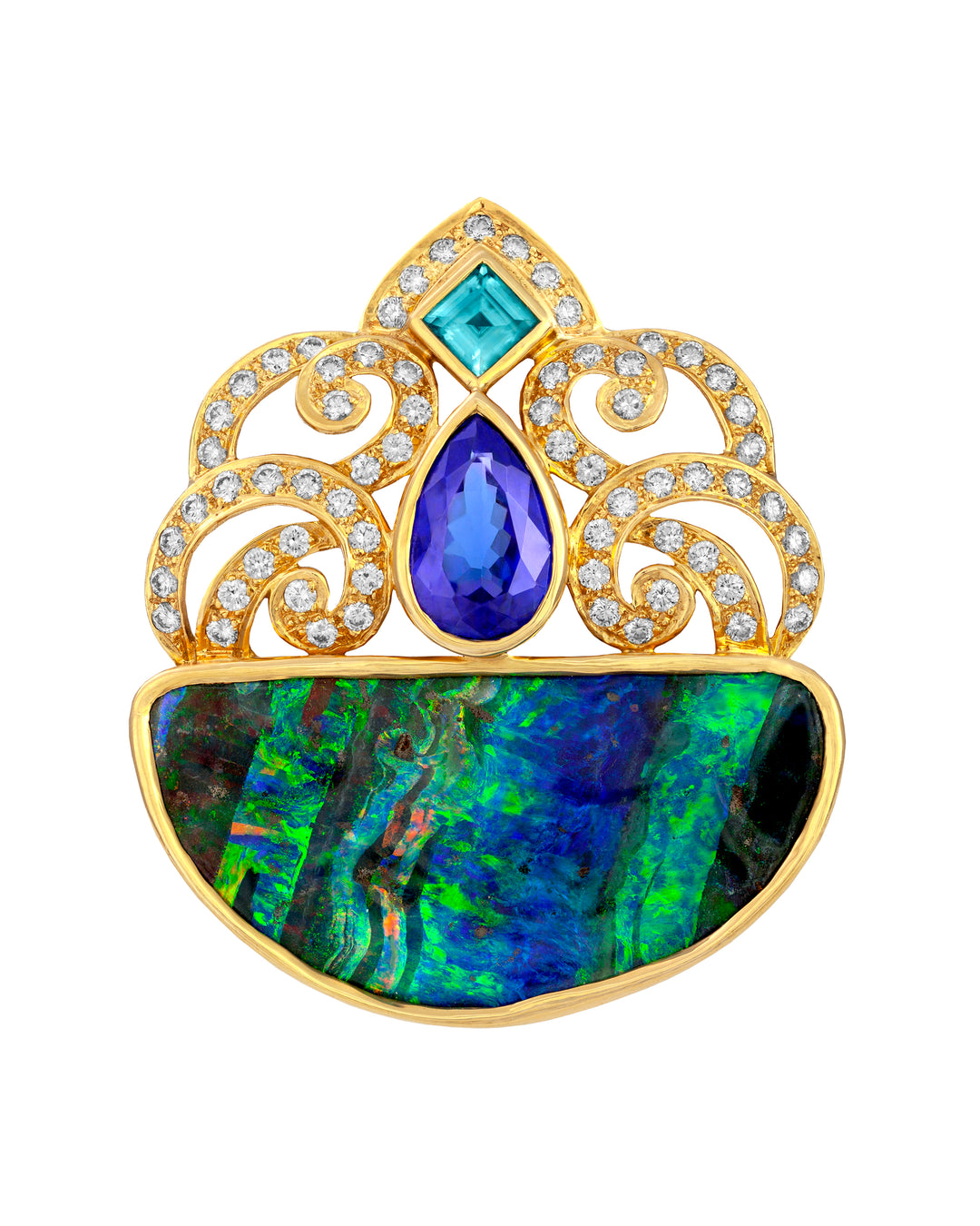 18K Yellow Gold Opal, Tanzanite, Zircon and Diamond Pendant