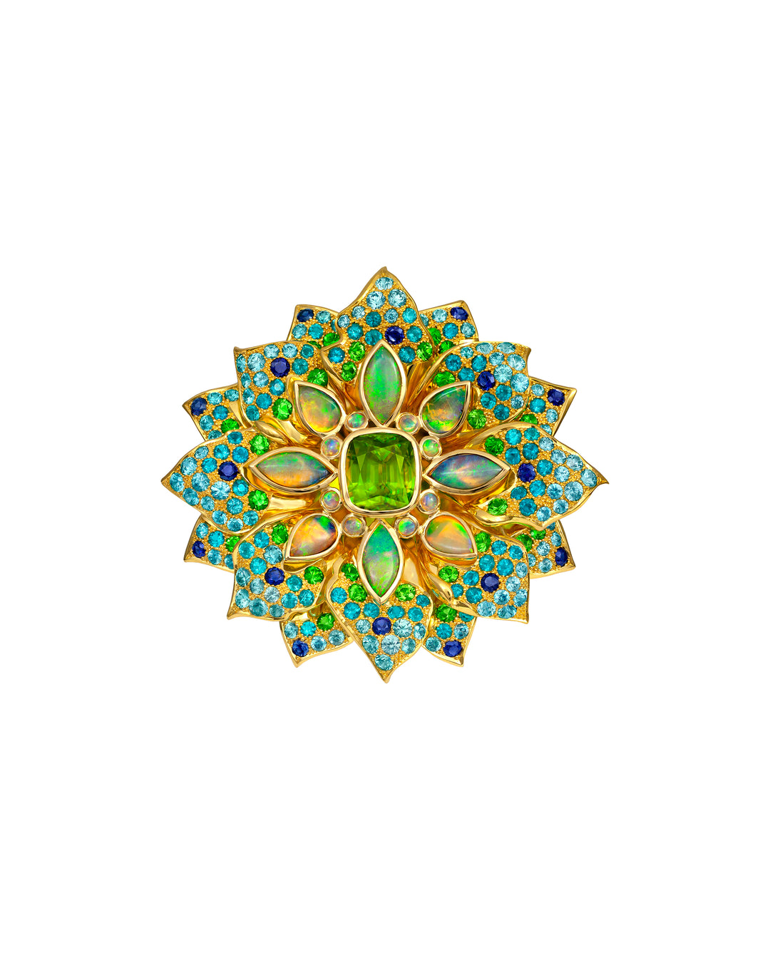 18K Yellow Gold Sphene, Opal, Zircon, Sapphire, Tsavorite and Apatite Pendant