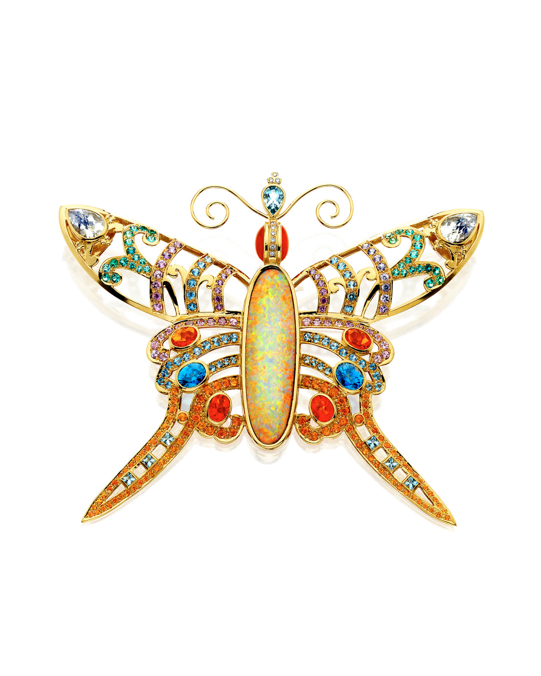 18K Yellow Gold Opal, Aquamarine, Garnet, Tourmaline , Diamonds, Moonstone and Sapphire Pendant