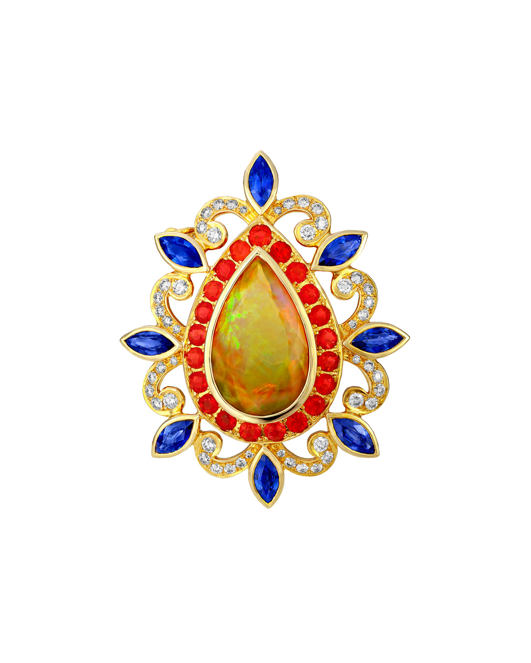 18K Yellow Gold Opal, Diamond and Sapphire Pendant