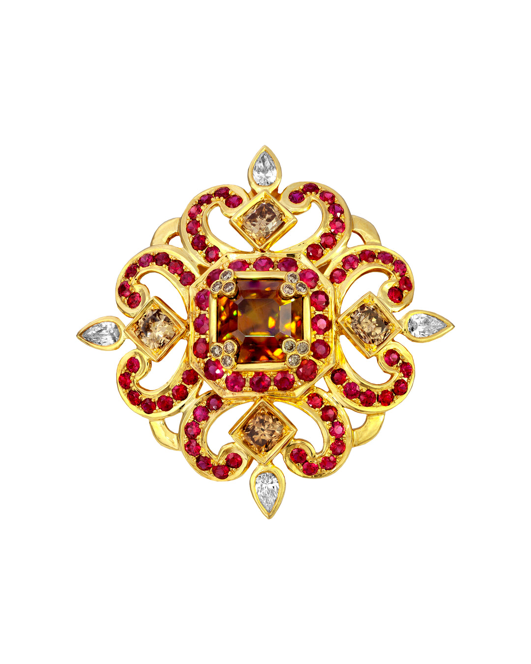 18K Yellow Gold Sphene, Ruby and Diamonds Pendant