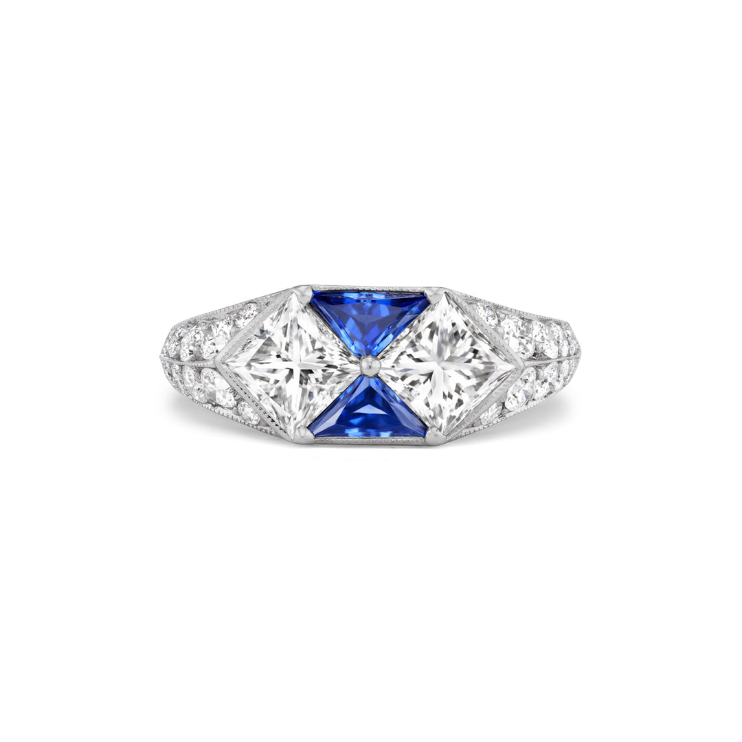 Platinum Ring with Center Princess Diamonds & Sapphires