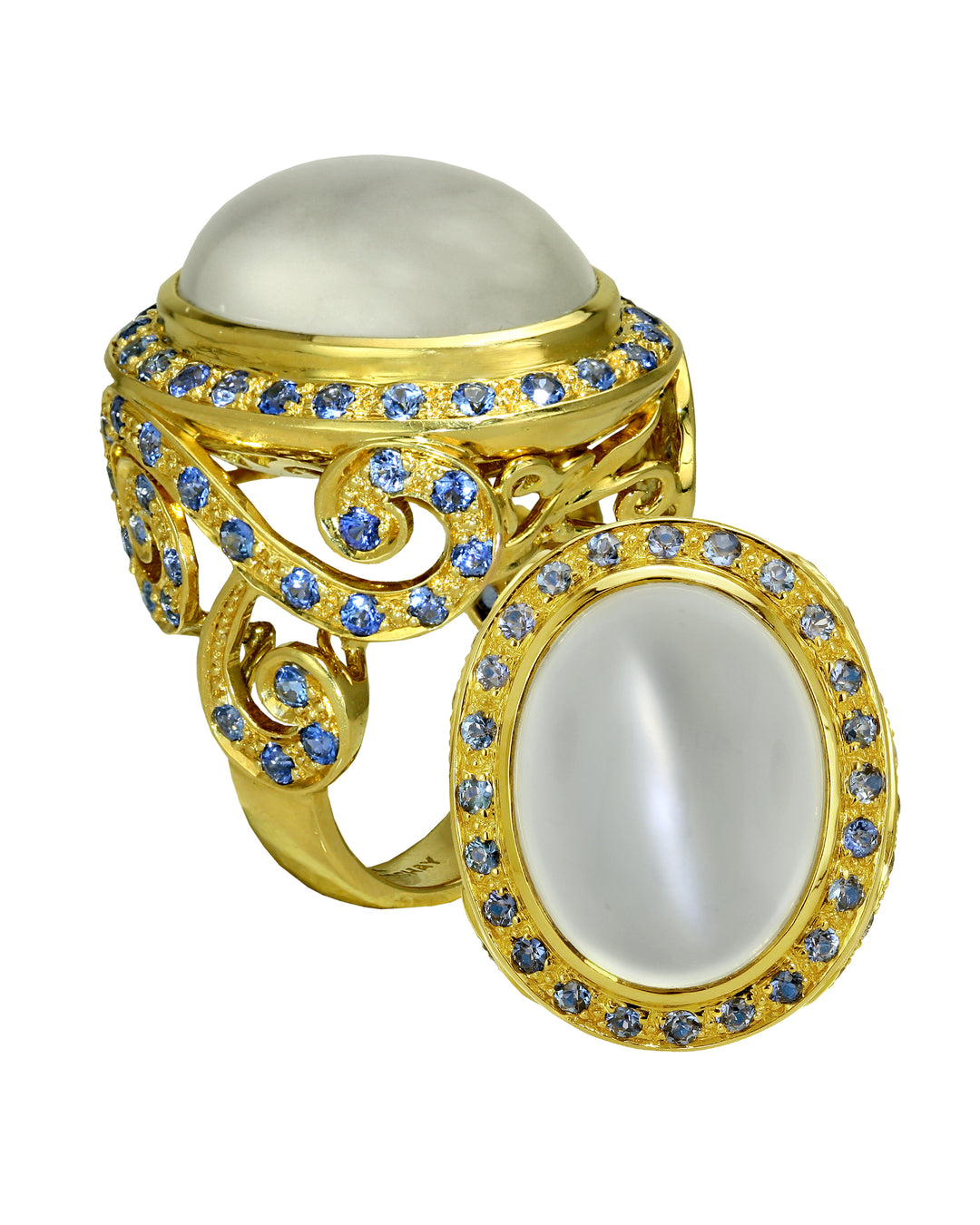 18K Yellow Gold Moonstone and Sapphire Ring