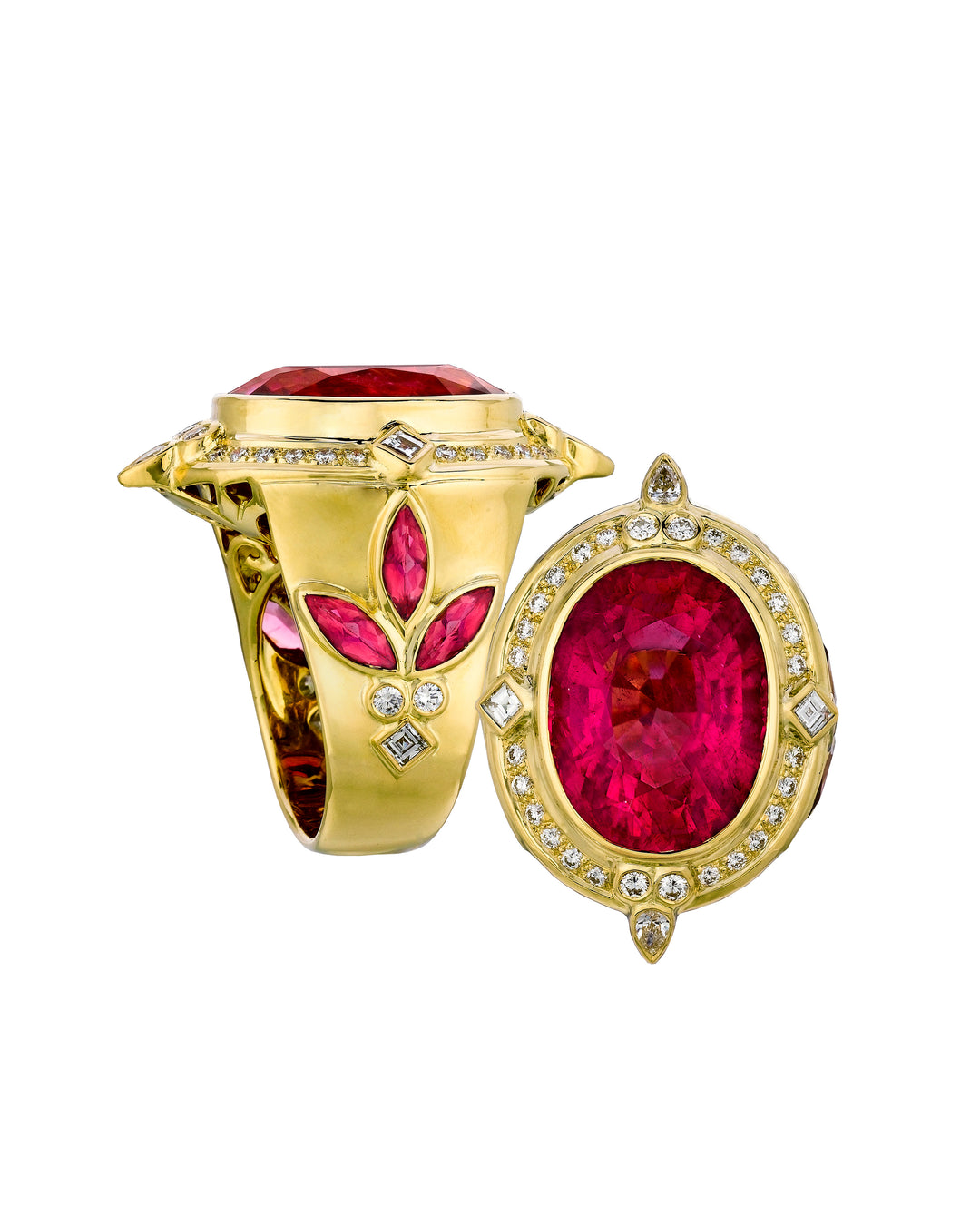 18K Yellow Gold Rubellite Tourmaline and Diamond Ring