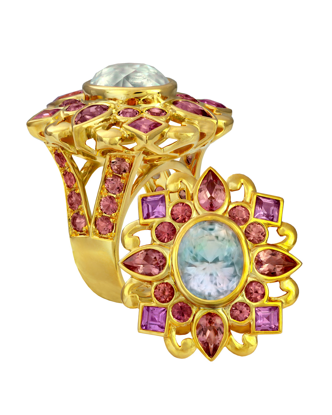 18K Yellow Gold Moonstone, Tourmaline and Sapphire Ring