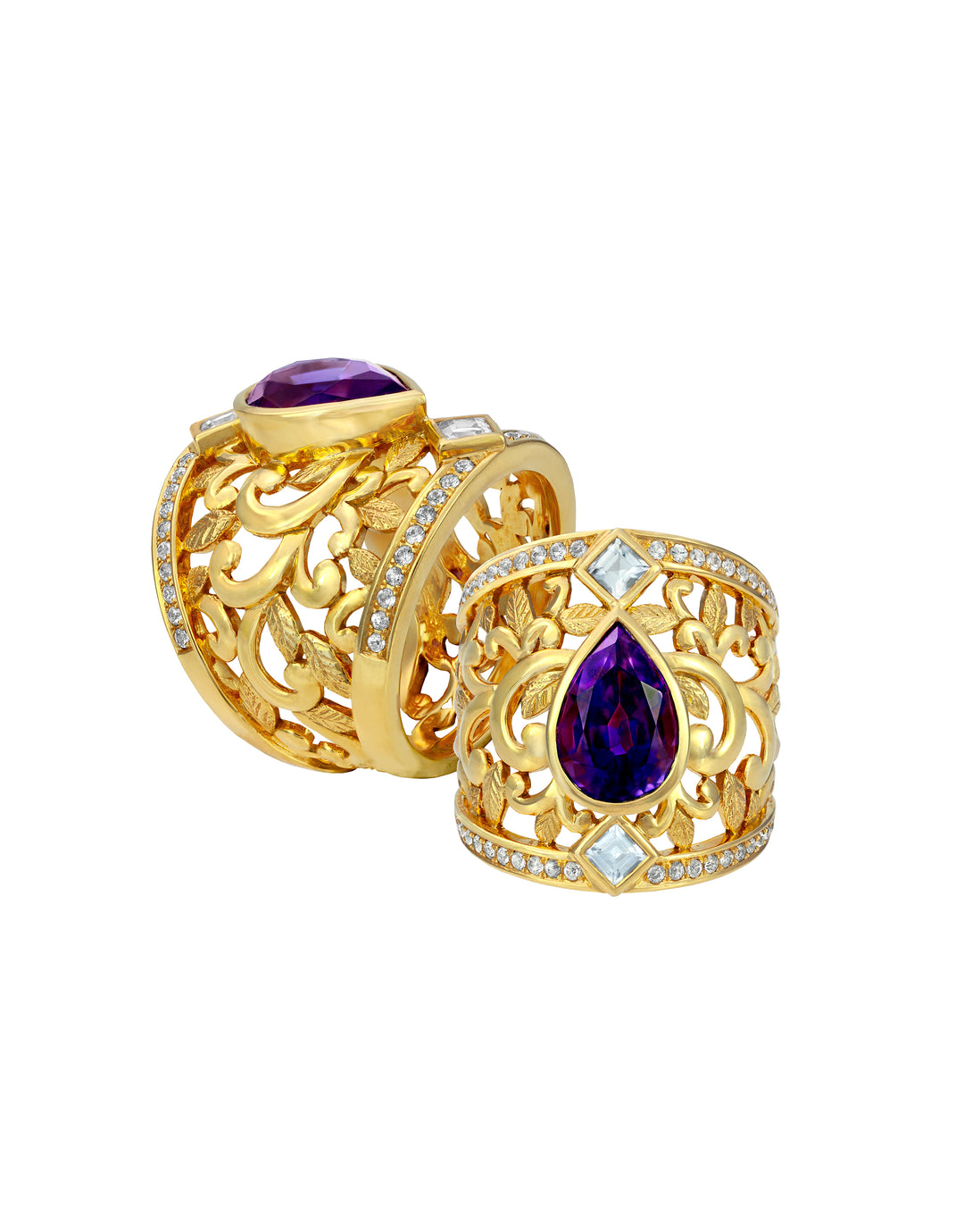 18K Yellow Gold Amethyst, Zircon and Sapphire Ring
