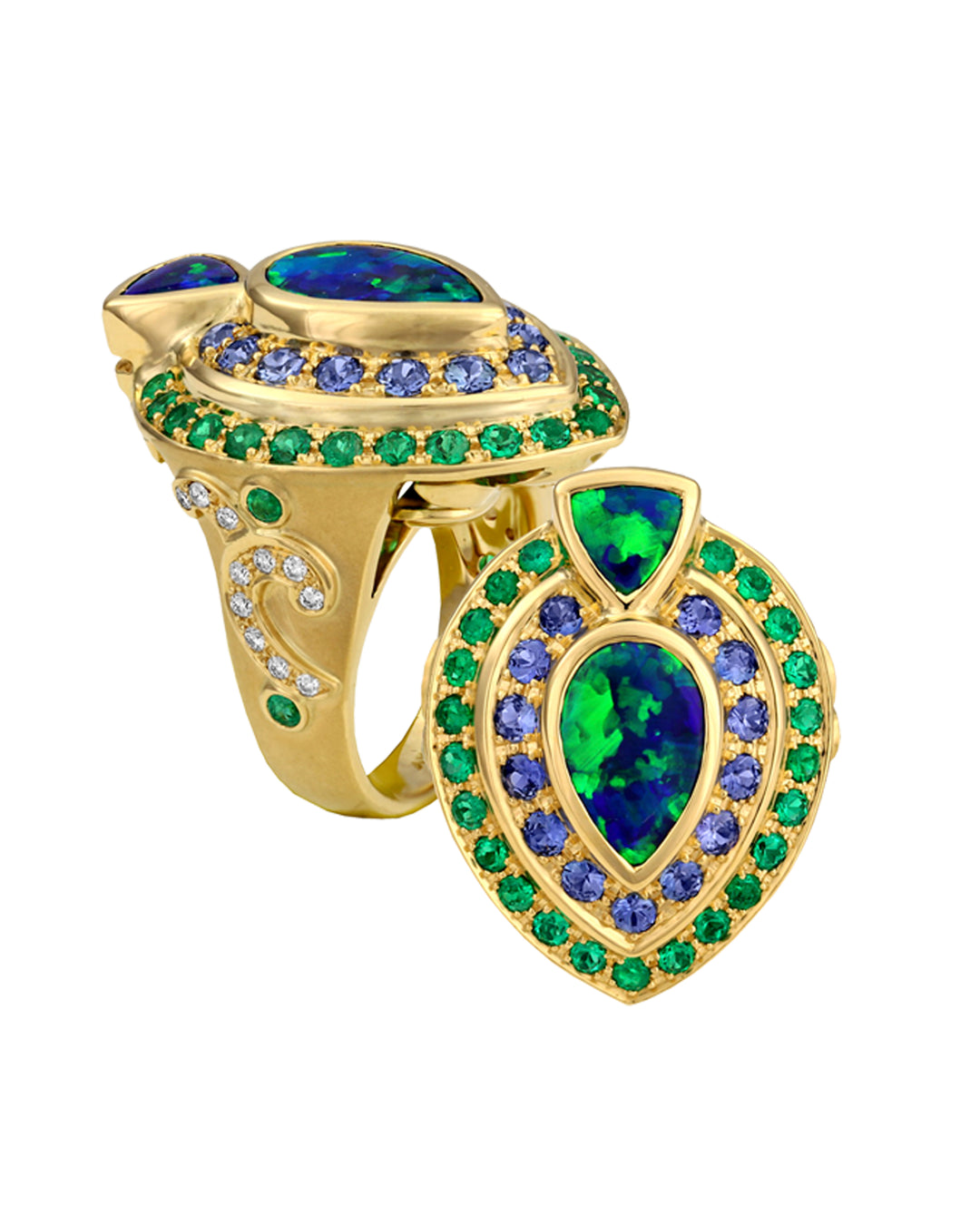 18K Yellow Gold Opal, Emerald, Sapphire and Diamond Ring