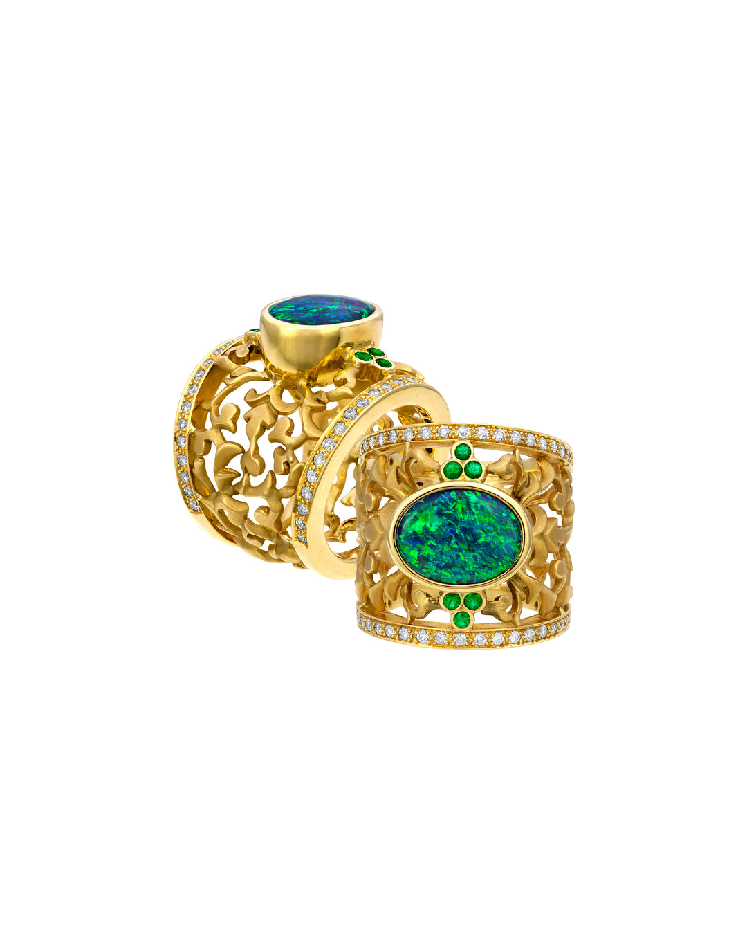 18K Yellow Gold Opal, Emerald and Diamond Ring “Black Beauty”