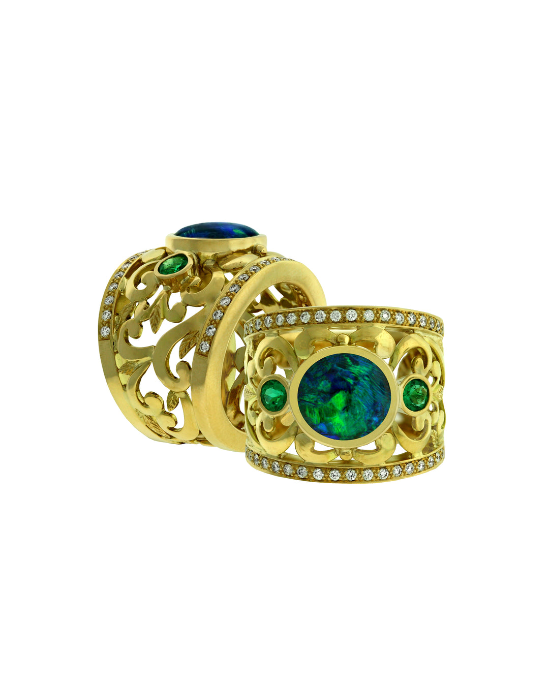 18K Yellow Gold Emerald, Opal and Diamond Ring