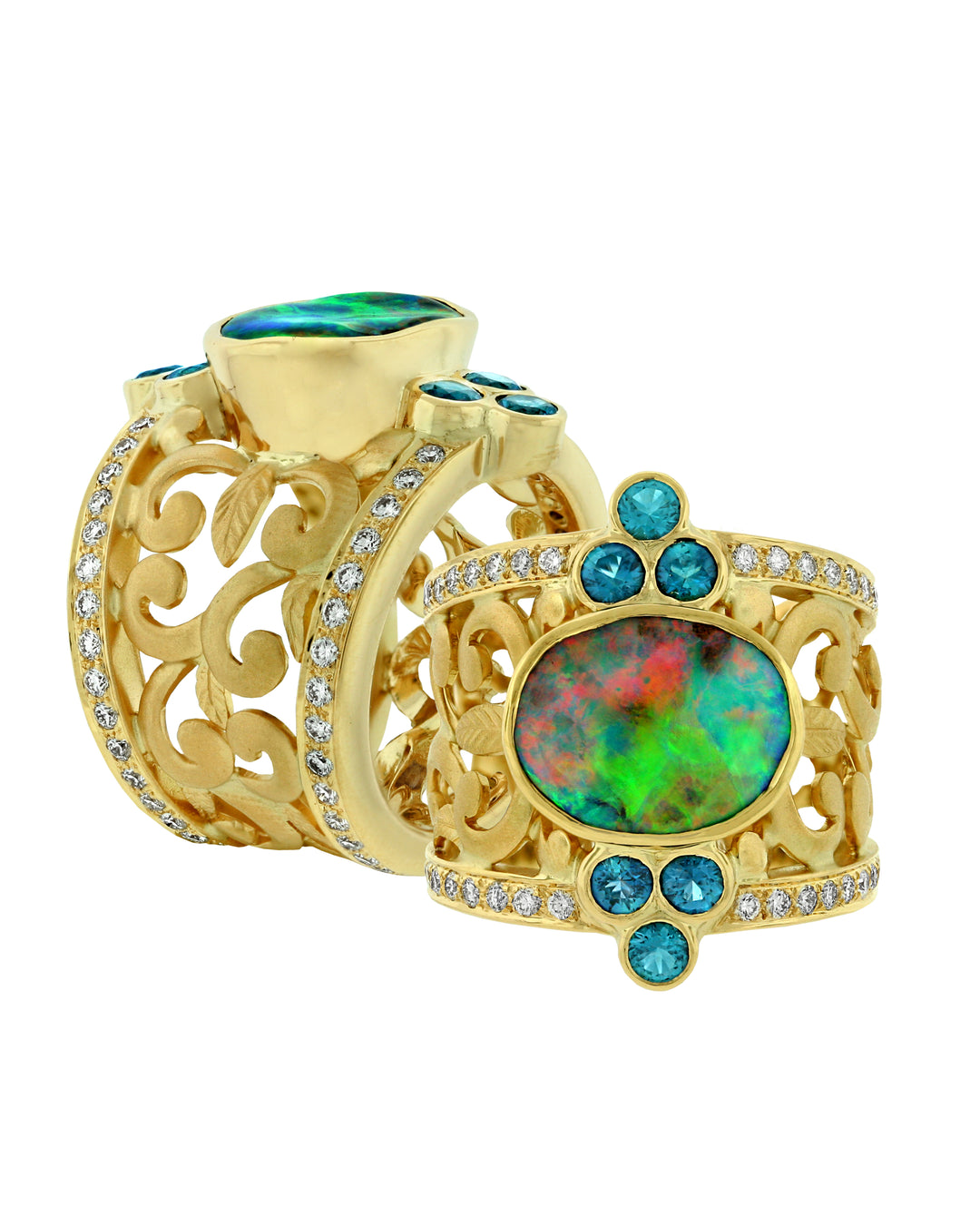 18K Yellow Gold Opal, Tourmaline and Diamond Ring
