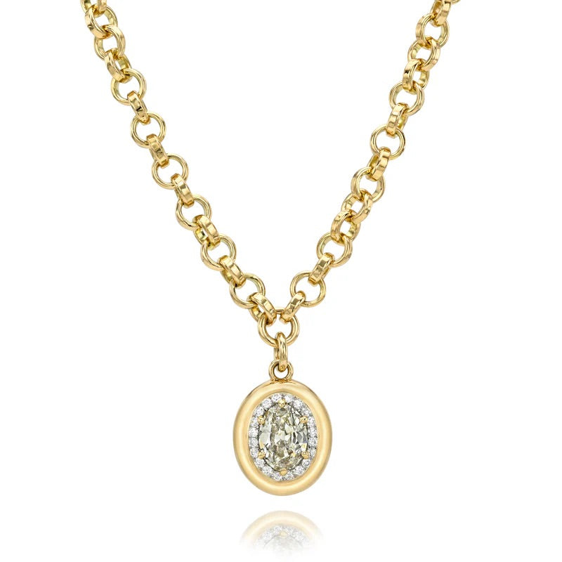 18K Yellow Gold & Platinum Oval Modified Brilliant Diamond, and Old European Cut Diamond Rhoni Necklace