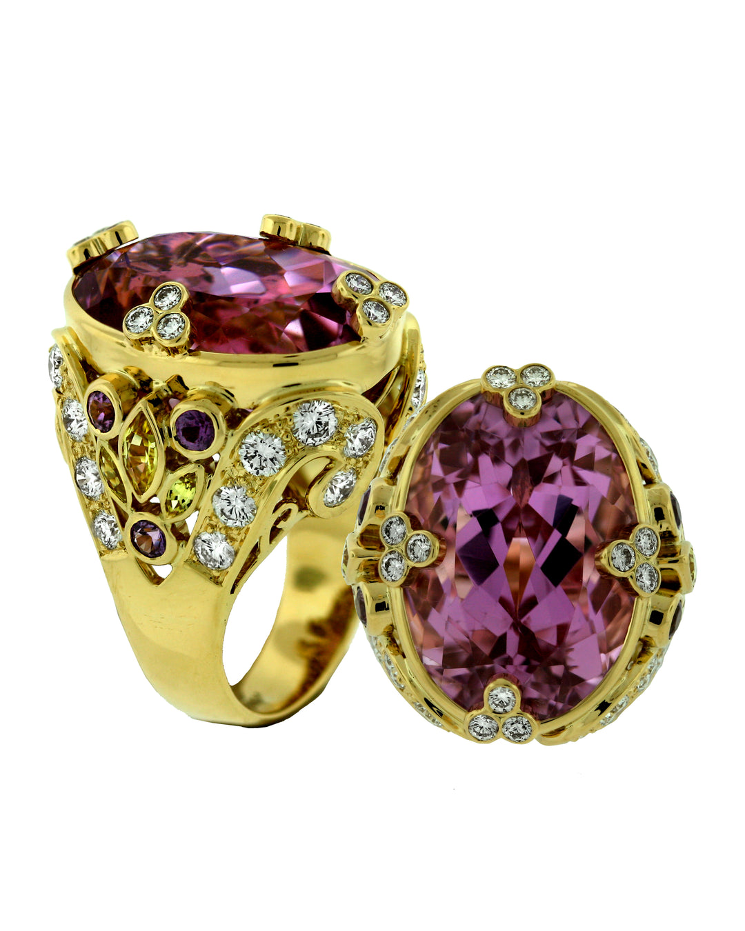 18KYellow Gold Kunzite, Sapphire and Diamond Ring