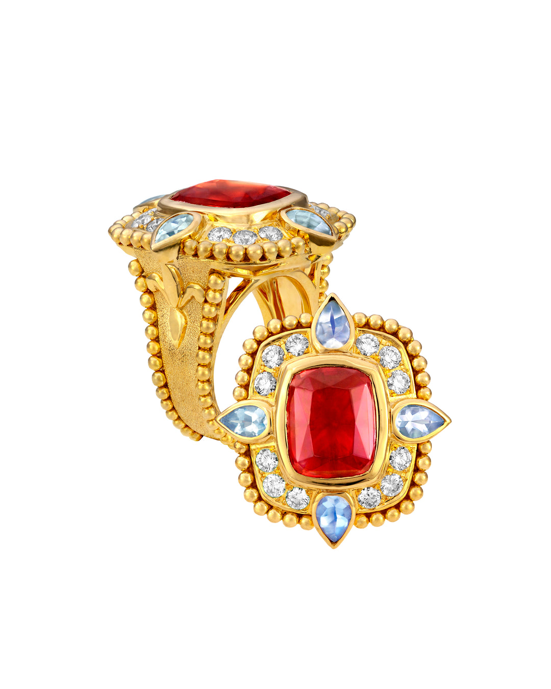 18K Yellow Gold Sunstone, Moonstone and Diamond Ring