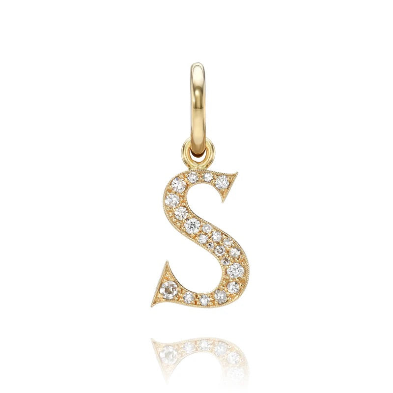 18K Yellow Gold Old European Cut Diamond Initial "S "Charm