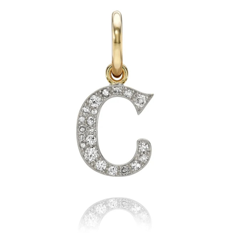 18K Yellow Gold and Platinum Old European Cut Diamond Initial " C " Charm