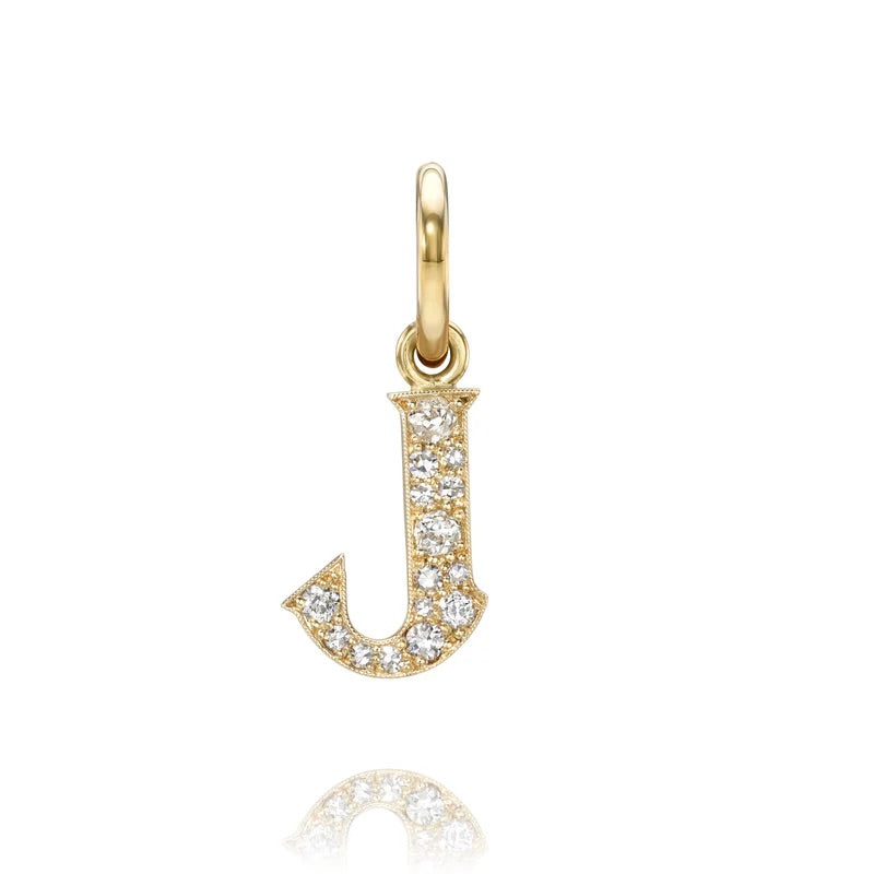 18K Yellow Gold Old European Cut Diamond Initial "J" Charm
