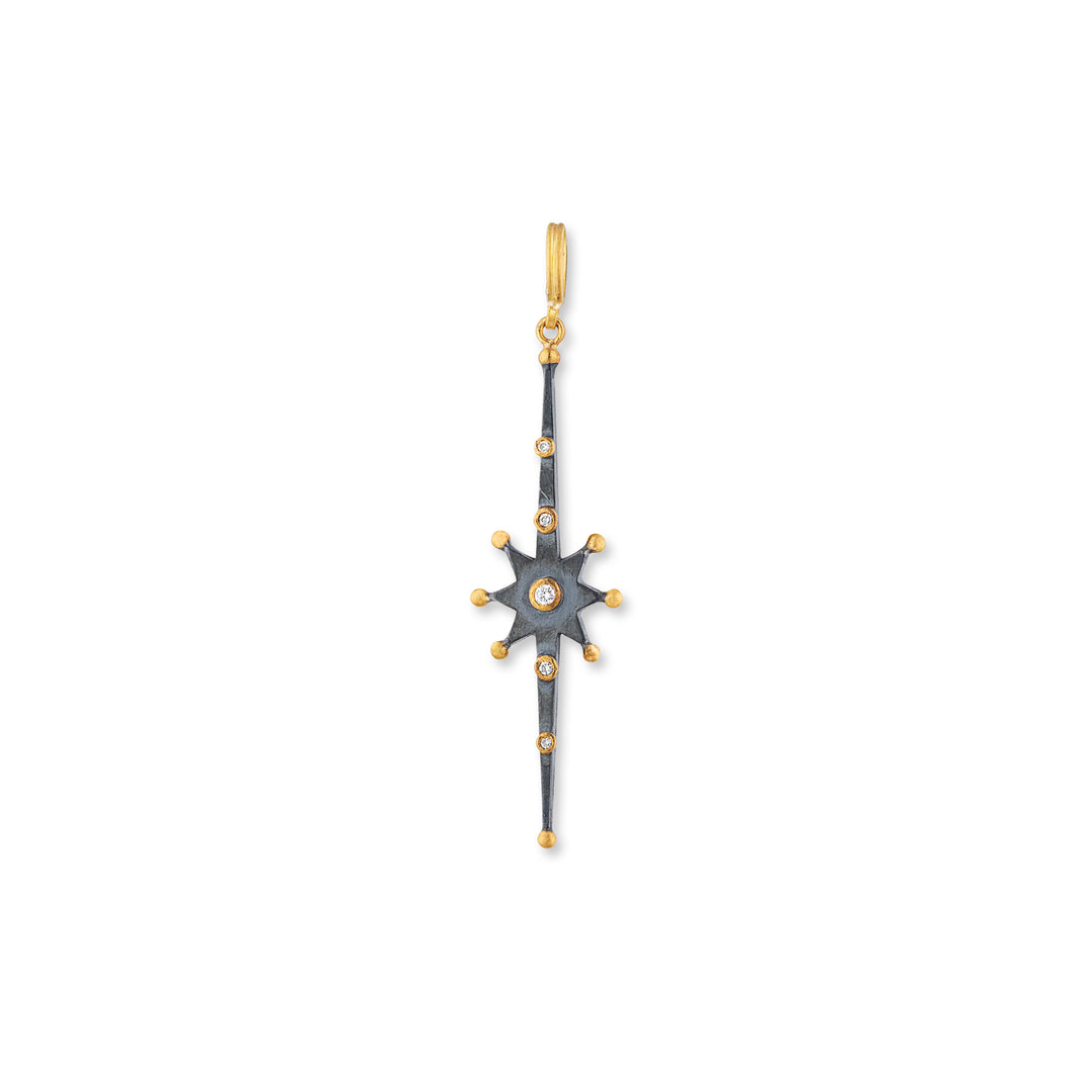 Oxidized Silver, 24K Yellow Gold and Diamond Starburst Pendant