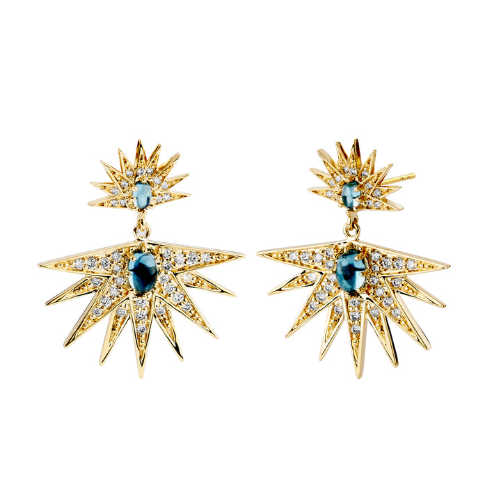 18K Yellow Gold Starburst London Blue Topaz and Diamond Earrings