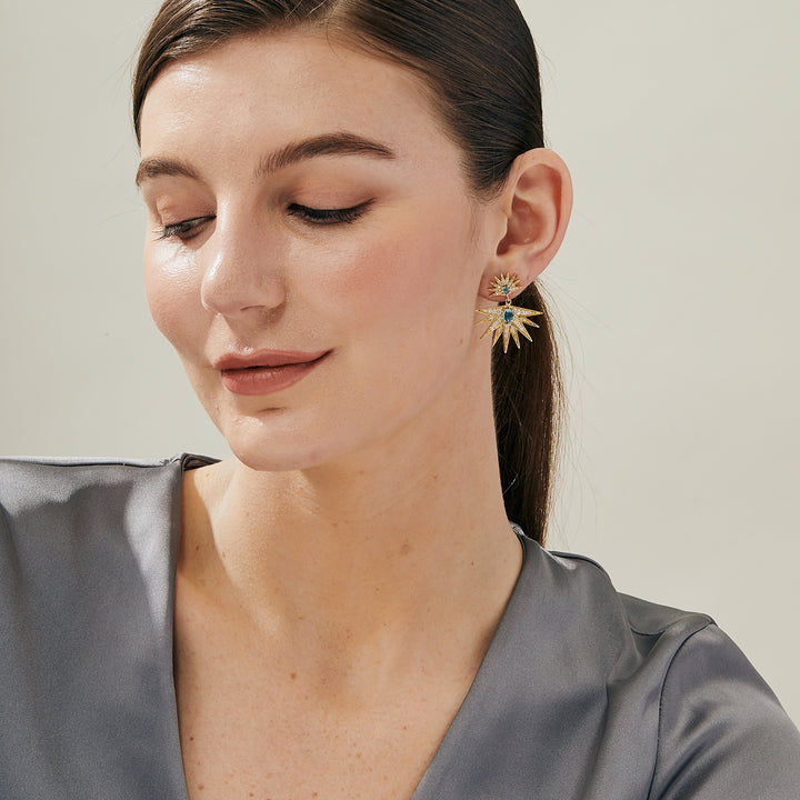 18K Yellow Gold Starburst London Blue Topaz and Diamond Earrings