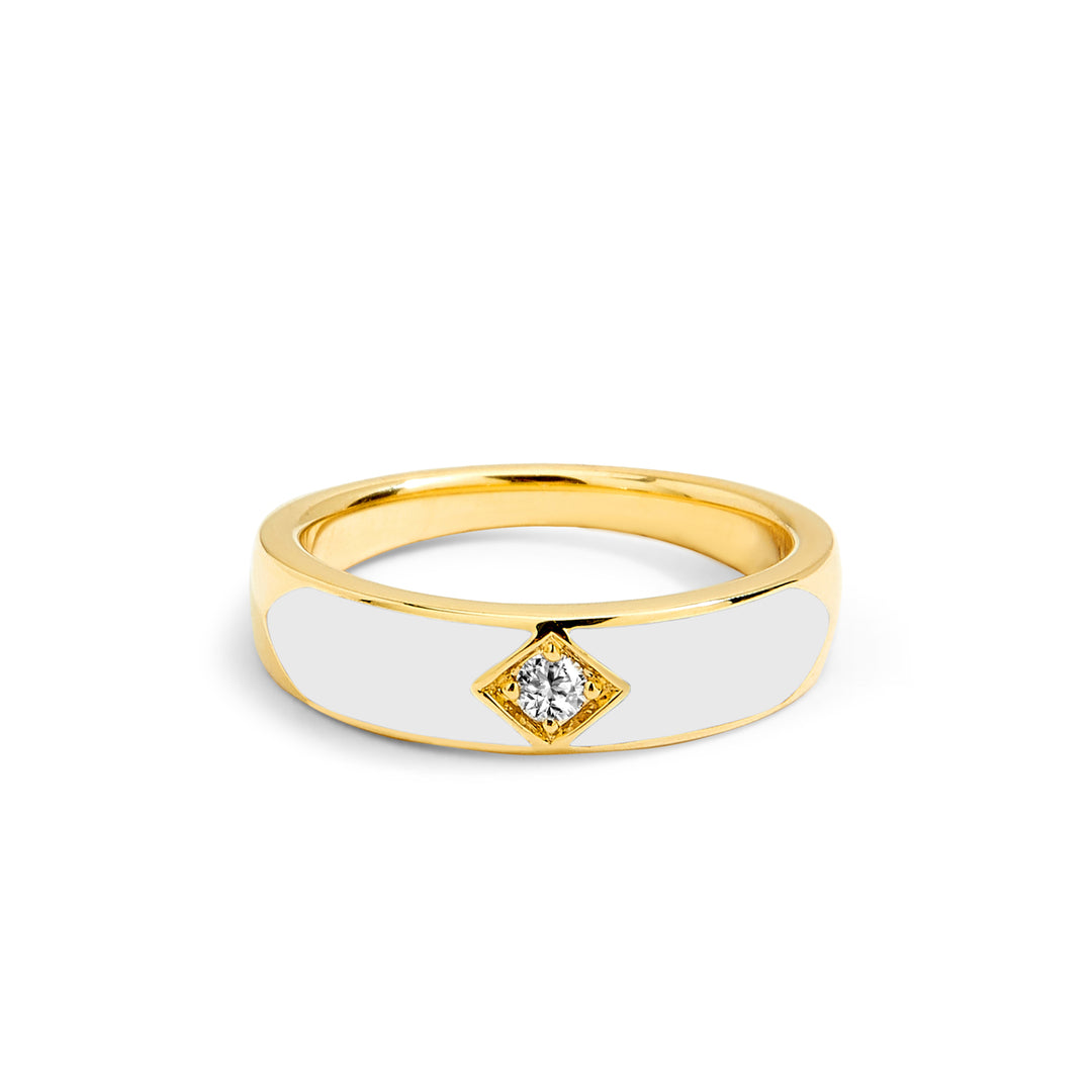 18K Yellow Gold White Enamel and Diamond Band