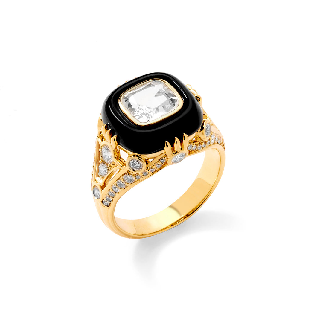 18K Yellow Gold Rock Crystal, Black Onyx and Diamond Ring