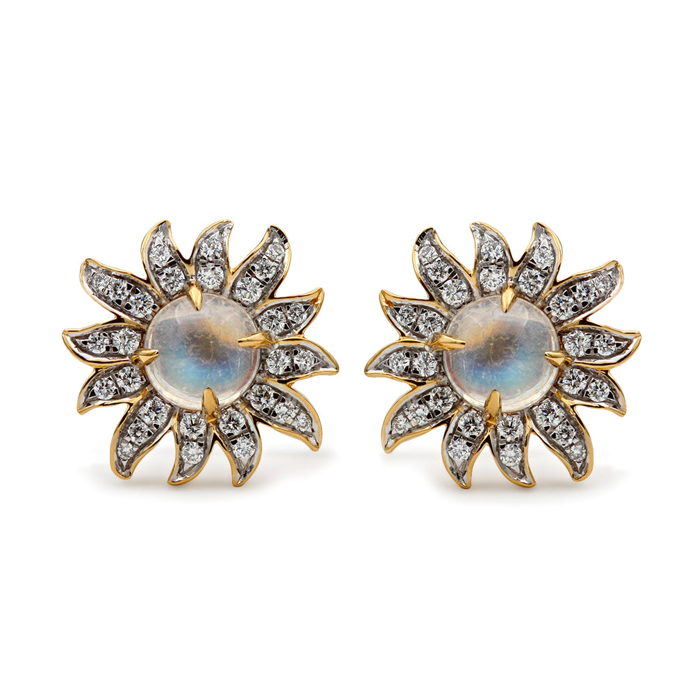 18K Yellow Gold, Cabochon Round Moonstone & Diamond Solstice Earrings