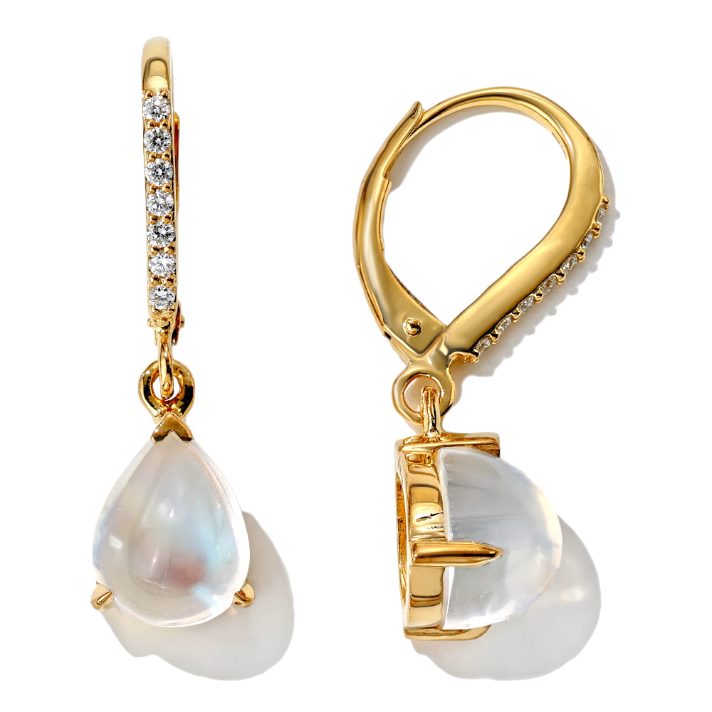 18K Yellow Gold, Cabochon Pear Shape Moonstone & Diamond Drop Earrings