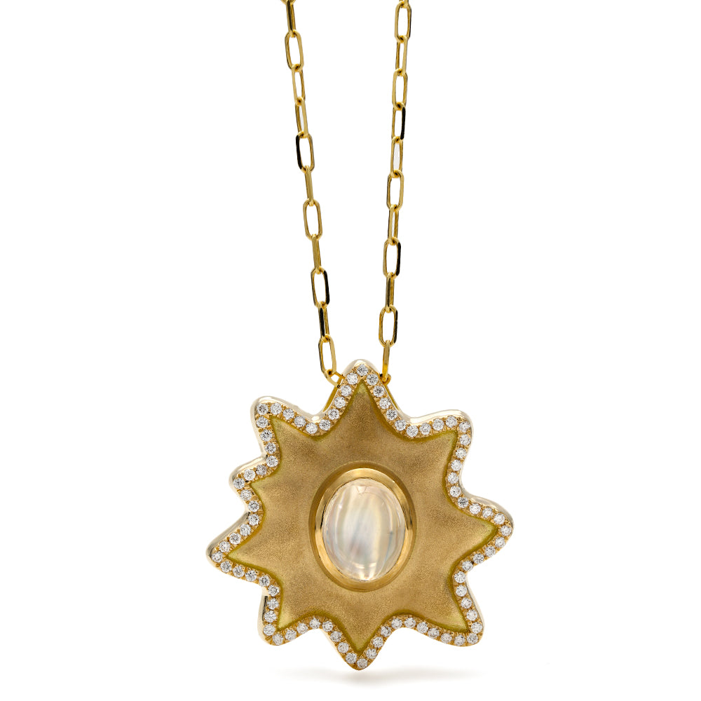 18K Yellow Gold, Cabochon Oval Moonstone & Diamond Free Form Pendant Necklace