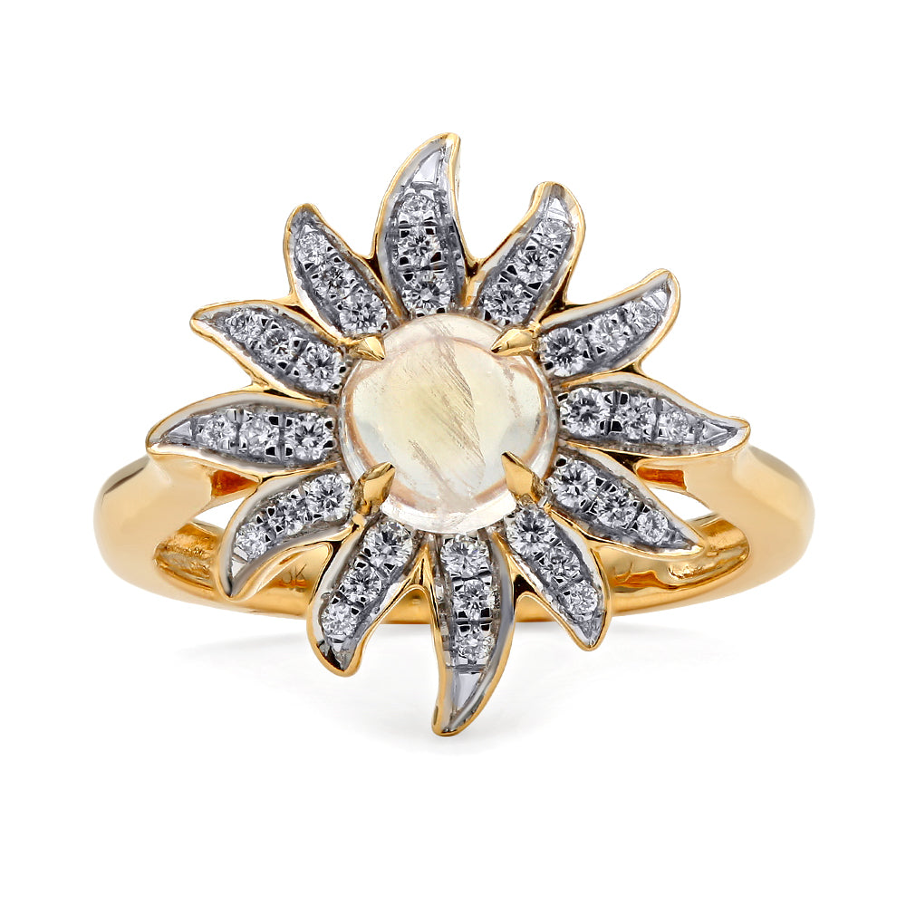 18K Yellow Gold, Cabochon Round Moonstone & Diamond Solstice Ring