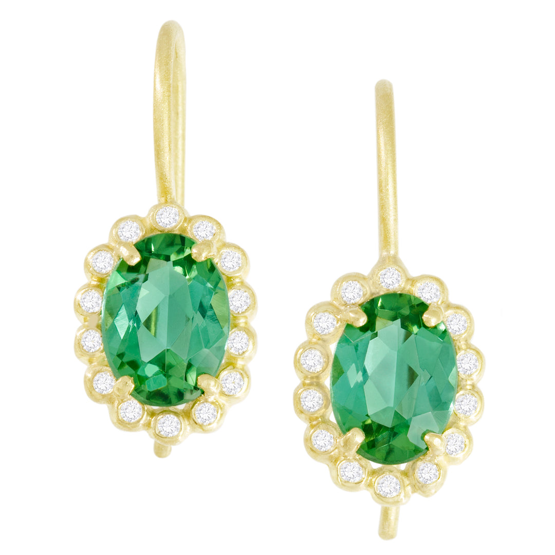 18K Yellow Gold Green Tourmaline and Diamond Drop Earrings