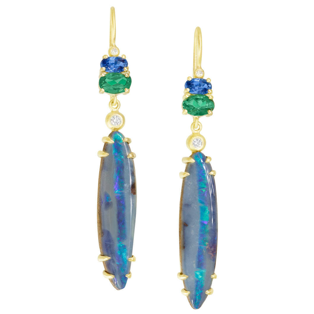 18K Yellow Gold Marquise-Shaped Australian Boulder Opal, Blue Sapphire, Green Tourmaline and Diamond Drop Earrings