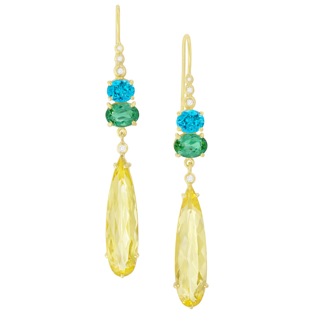 18K Yellow Gold Oval Blue Zircon, Green Tourmaline and Pear Shaped Canary Beryl Drop Earrings