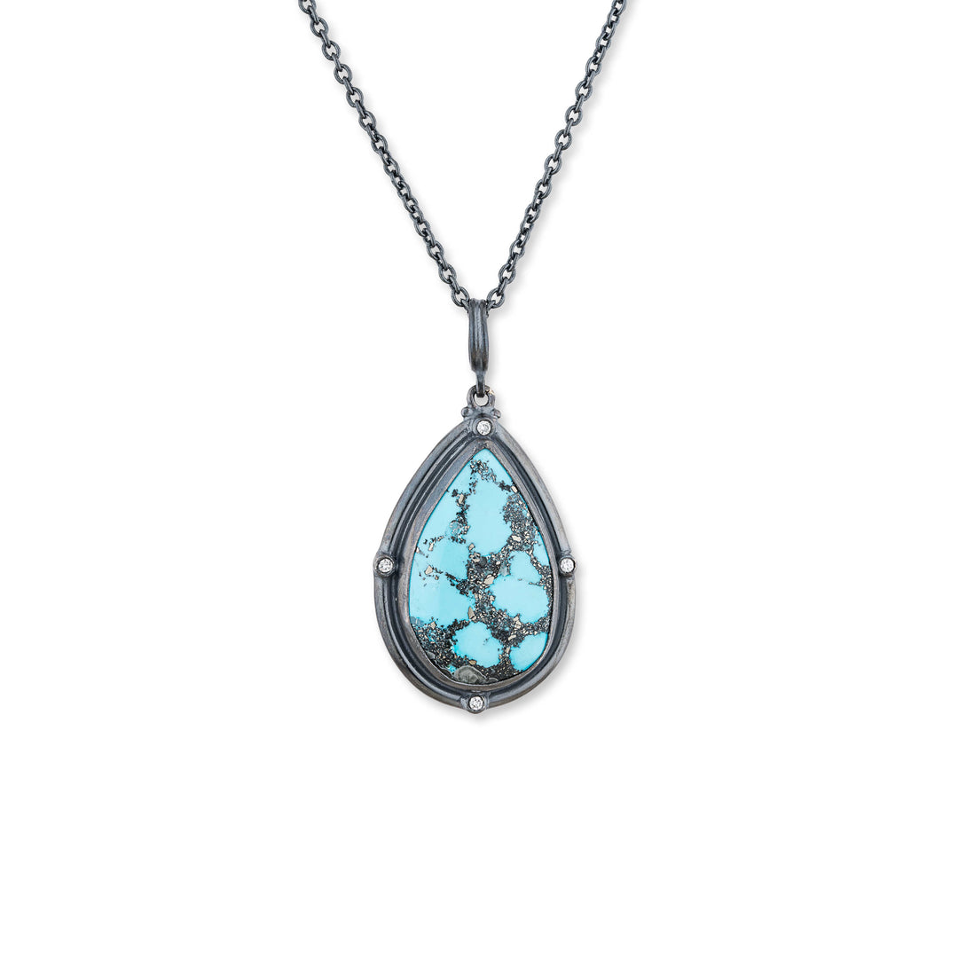One of a Kind: Oxidized Silver, Cabochon Spiderweb Turquoise and Diamond Pendant.