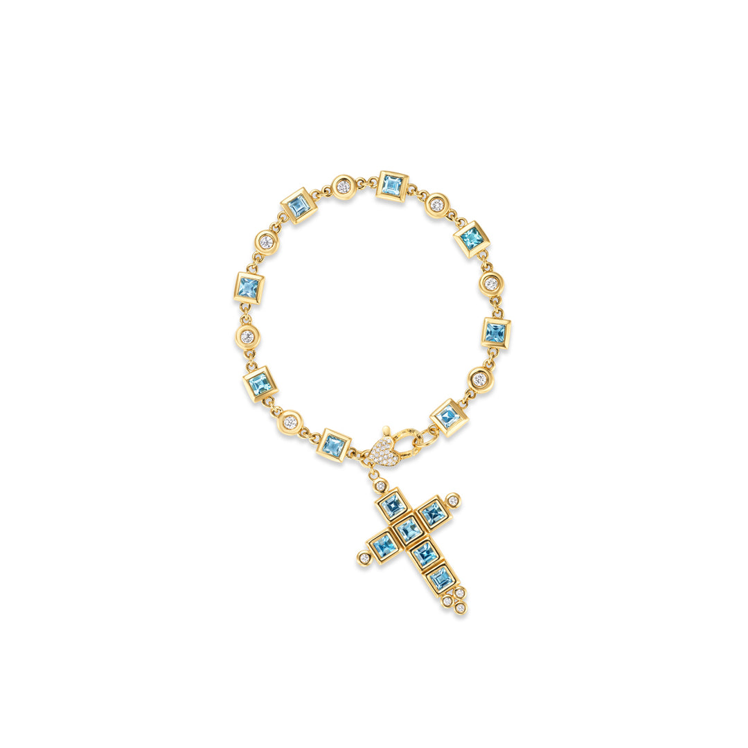 18K Yellow Gold Aquamarine and Diamond Cross Bracelet