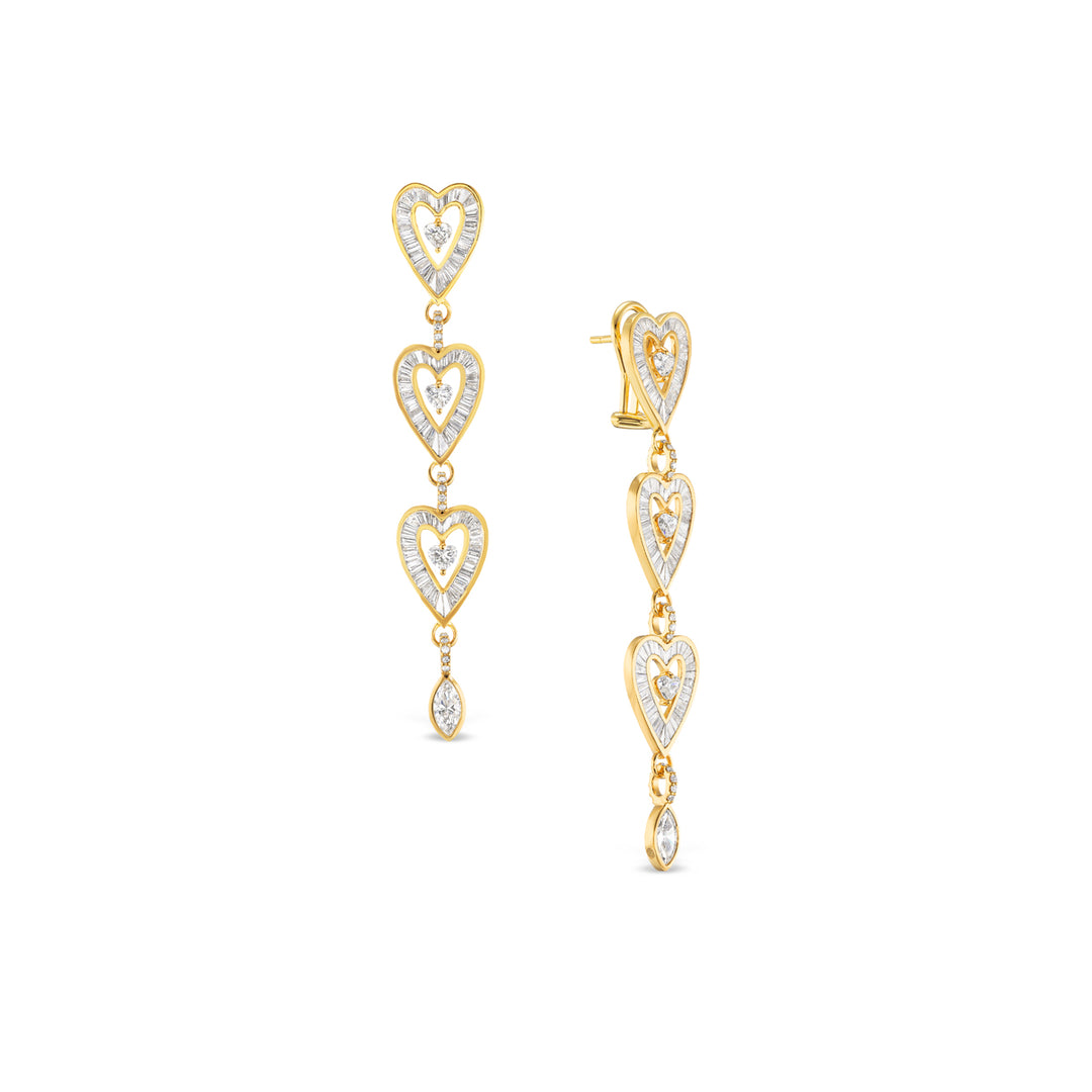 20K Yellow Gold Long Heart Drop Earrings with Diamonds