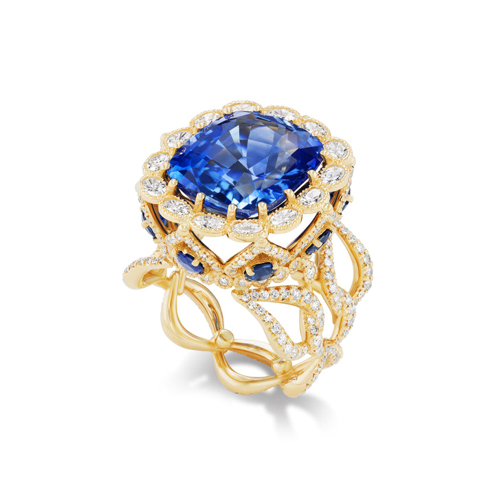 18K Yellow Gold Blue Sapphire and Diamond Ring