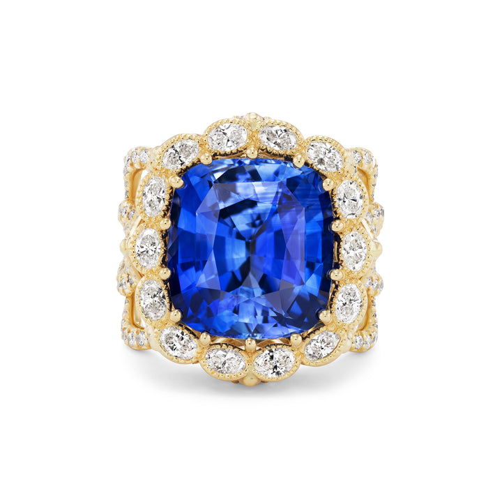 18K Yellow Gold Blue Sapphire and Diamond Ring