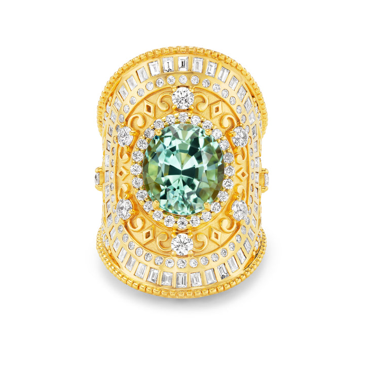 20K Yellow Gold Green Tourmaline and Diamond Wrap Ring