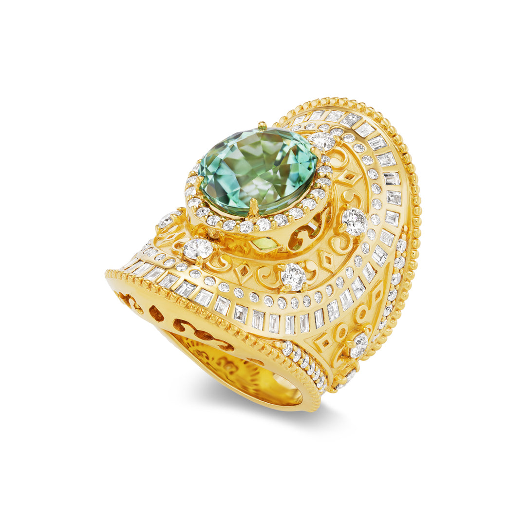 20K Yellow Gold Green Tourmaline and Diamond Wrap Ring