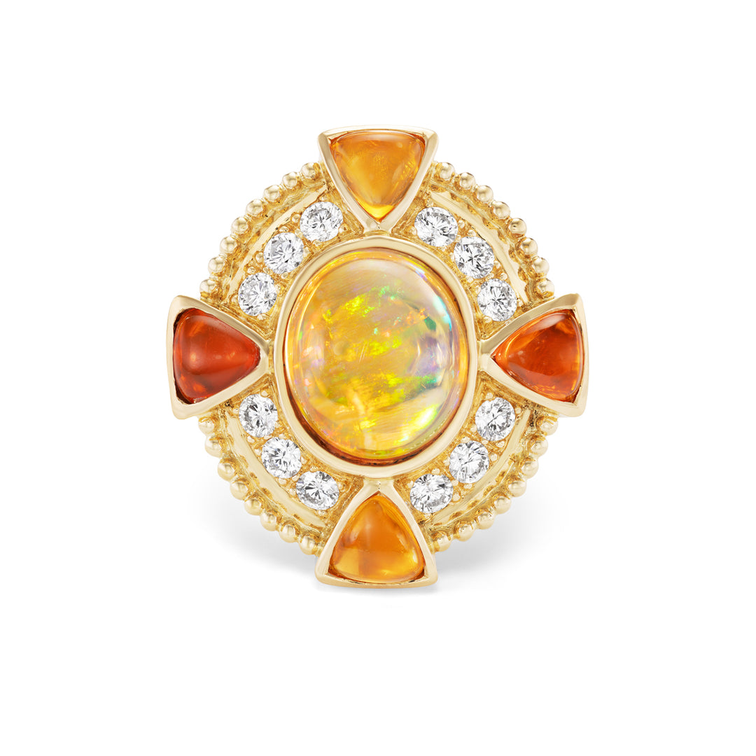 18K Yellow Gold Jelly Opal, Fire Opal and Diamond Ring