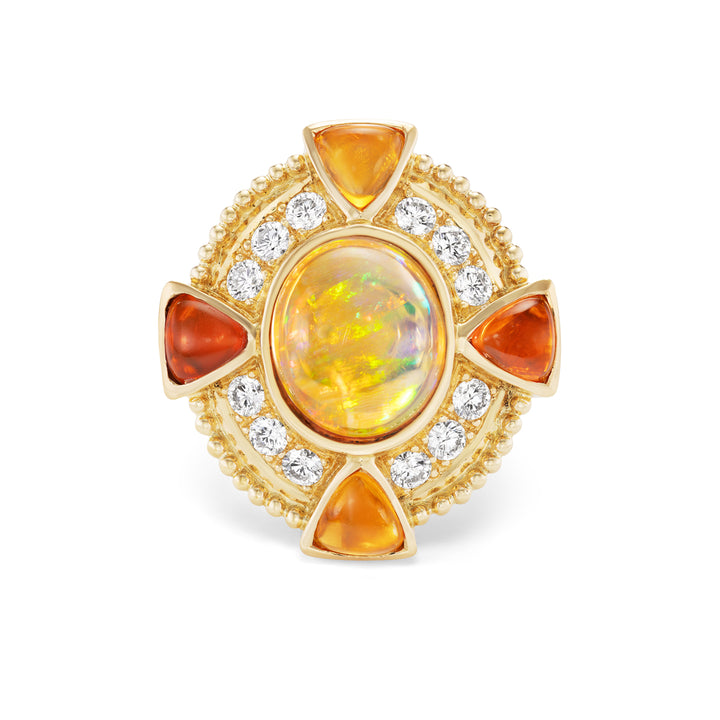 18K Yellow Gold Jelly Opal, Fire Opal and Diamond Ring